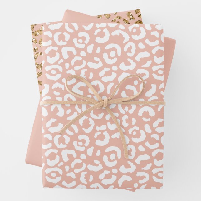 Peach White Leopard Print Wrapping Paper Sheet (In situ)