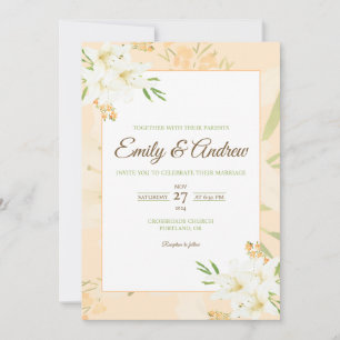 Peach White Lily Modern Floral Watercolor Wedding Invitation