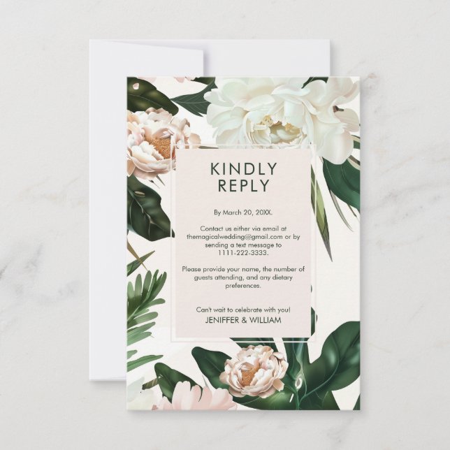 Peach White Peonies & Green Leaves Floral Wedding RSVP Card (Front)
