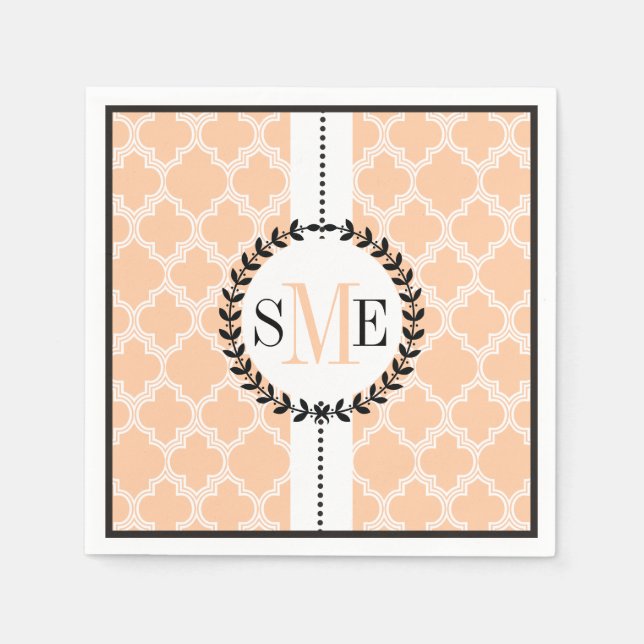 Peach, white quatrefoil pattern wedding napkin (Front)