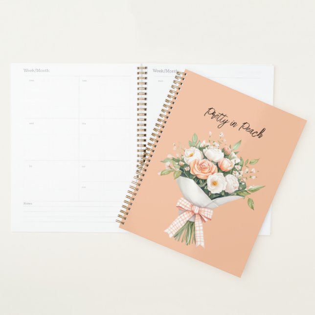 Peach White Roses Floral Bouquet Bow Planner (Display)