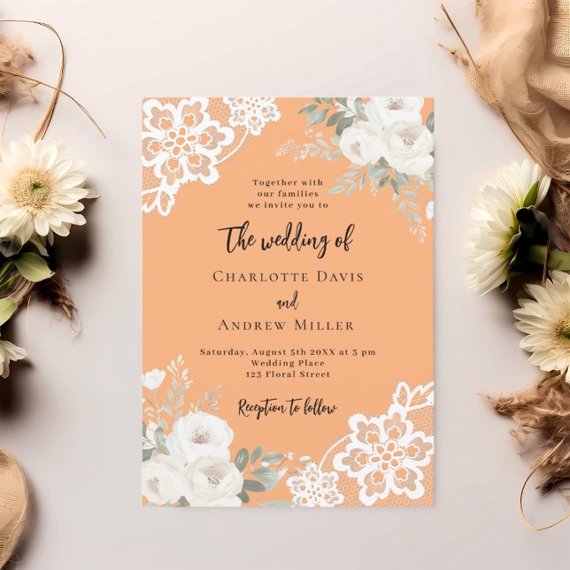Peach white roses lace wedding invitation (Creator Uploaded)