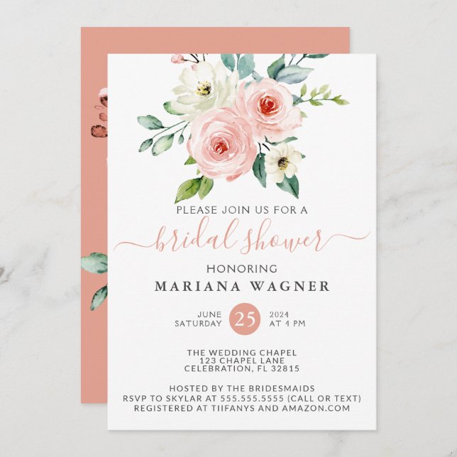 Peach White Watercolor Floral Bridal Shower Invita Invitation (Front/Back)