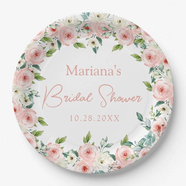 Peach White Watercolor Floral Bridal Shower Paper Plate (Front)