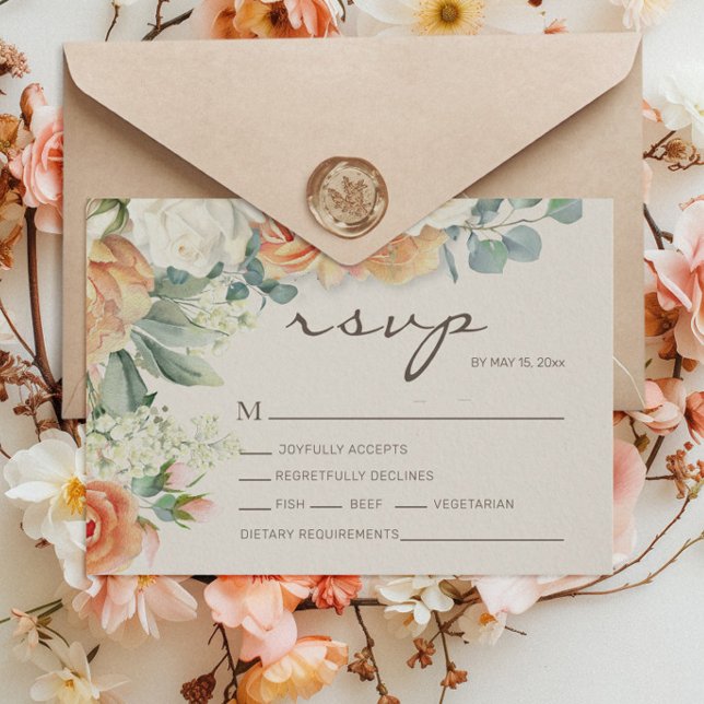 Peach White Watercolor Floral Eucalyptus Wedding RSVP Card (Peach and cream-colored watercolor floral wedding RSVP card)