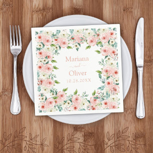 Peach White Watercolor Floral Wedding Napkin