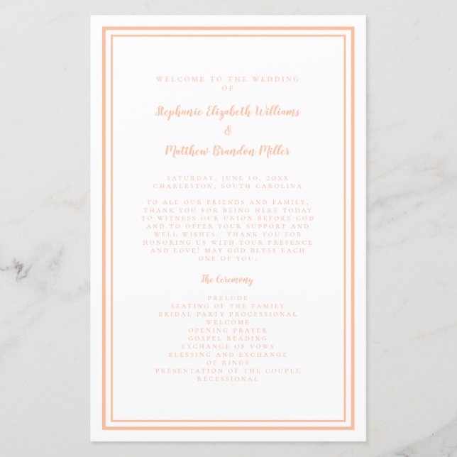 Peach White Wedding Script Modern Ceremony Program (Front)