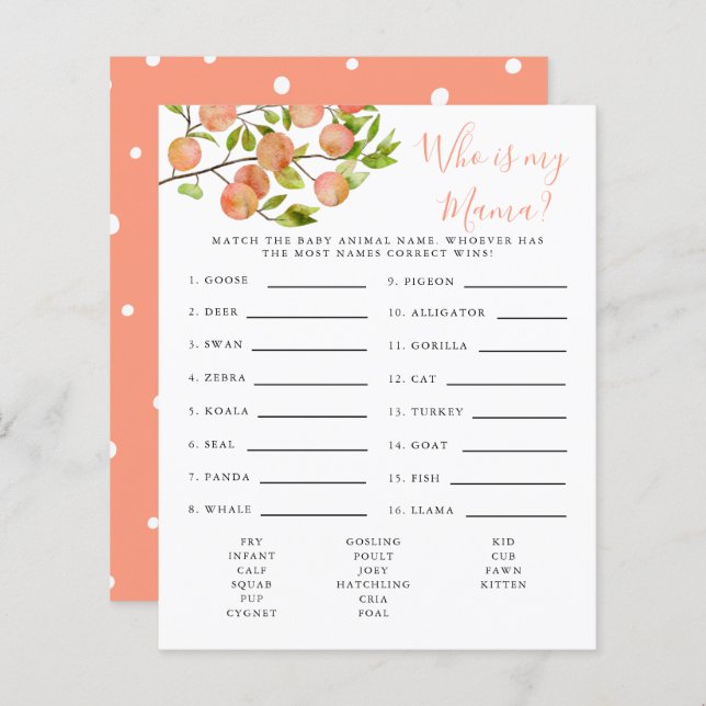Peach Who Is My Mama Baby Shower Game (Front/Back)