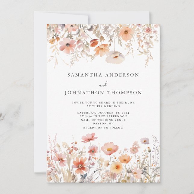 Peach Wildflower Floral Wedding Invitation (Front)