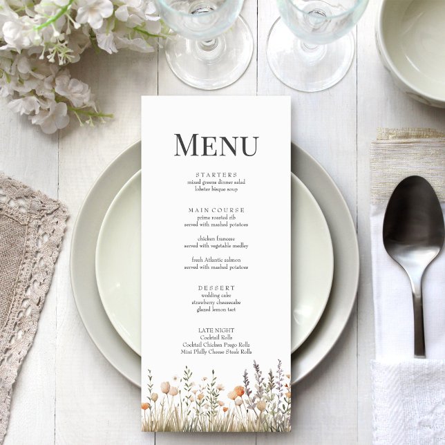 Peach Wildflower Meadow Wedding Menu (Peach Wildflower Meadow Wedding Menu on a light wedding table.)