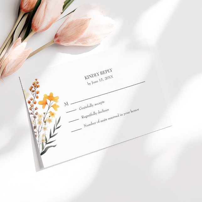 Peach Wildflower Meadow Wedding RSVP Card (Peach Wildflower Meadow Wedding RSVP Card on a sunny table with pale pink flowers.)
