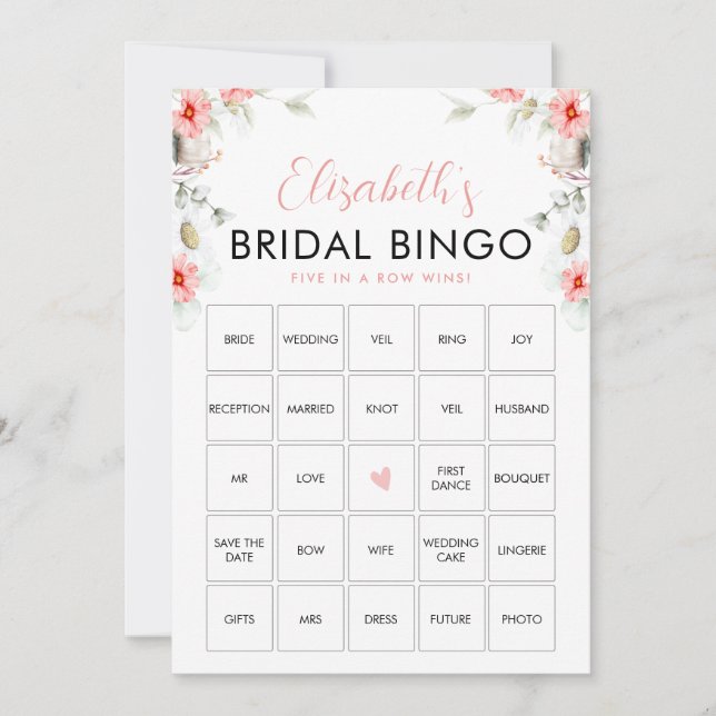 Peach Wildflowers Bingo Bridal Shower Game Card (Front)
