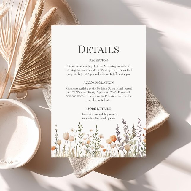 Peach Wildflowers Wedding Details Enclosure Card (Peach Wildflowers Wedding Details Enclosure Card on a table with neutral boho decoration.)