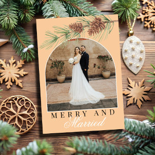 Peach Winter Pine Merry & Married Photo Christmas Holiday Card
