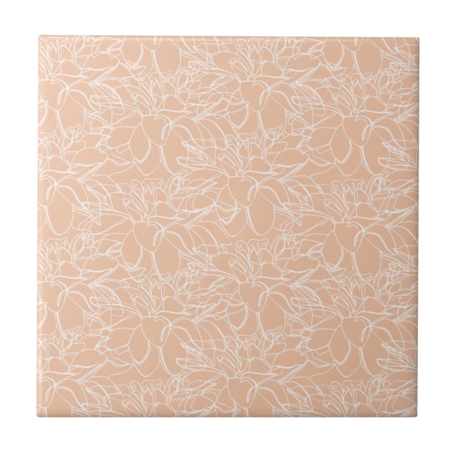 Peach with White Floral Line Art Ceramic Tile (Front)