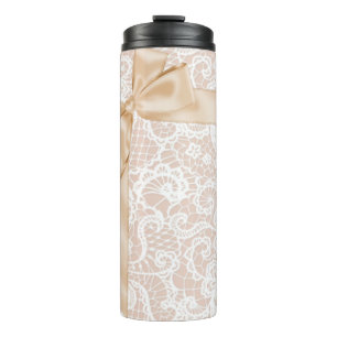 PEACH WITH WHITE LACE BOW RIBBON THERMAL TUMBLER