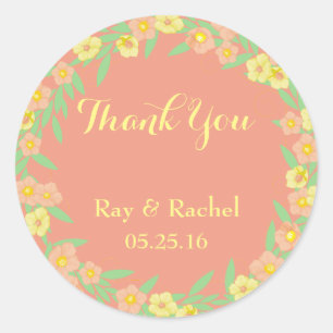 Peach with yellow green floral border Thank You Classic Round Sticker