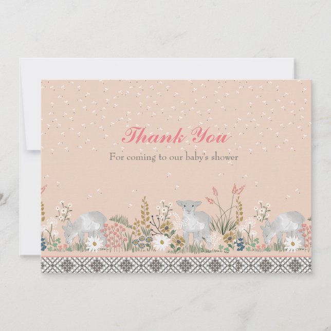 Peach Woodland Lamb Baby Thank You Card (Front)