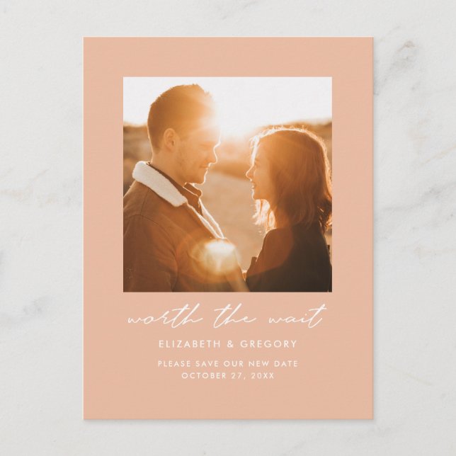 Peach Worth the Wait Wedding Change the Date Announcement Postcard (Front)