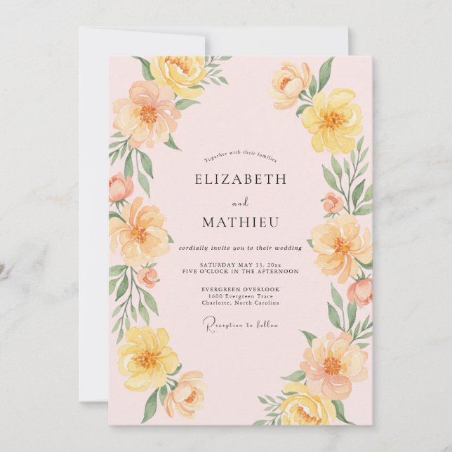 Peach Yellow Floral Embrace Wedding Invitation (Front)