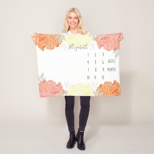 Peach Yellow  Orange Peonies Floral Baby Milestone Fleece Blanket (In Situ)