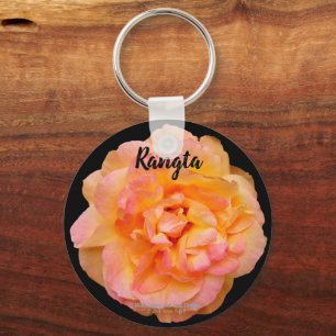 Peach Yellow Pink Blend Rose Cut-Out Flower Design Key Ring