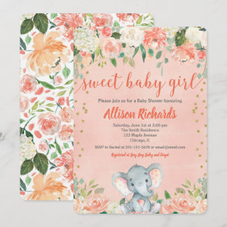 Peaches and cream elephant baby shower invitations