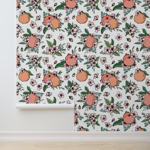 Peaches & Blossom Floral Fruit Pattern Wallpaper