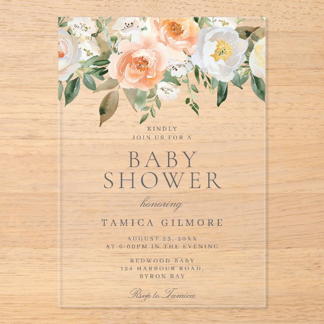 Peaches & Cream Floral Spring Summer Baby Shower Acrylic Invitations (Front)