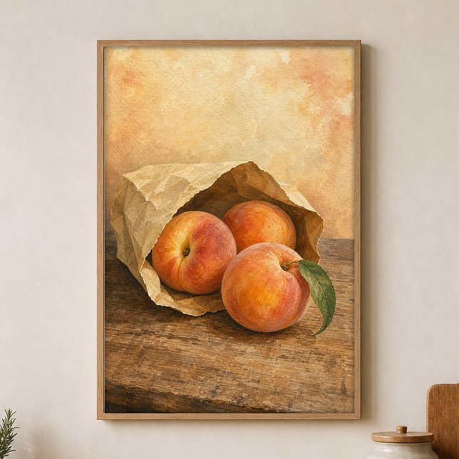 Peaches in a Paper Bag Watercolour Poster (Shown framed for scale. Poster ships unframed; frames are an optional add-on.)