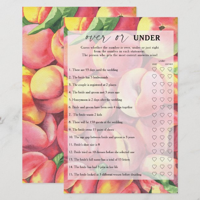 Peaches - Over or under bridal shower game (Front/Back)