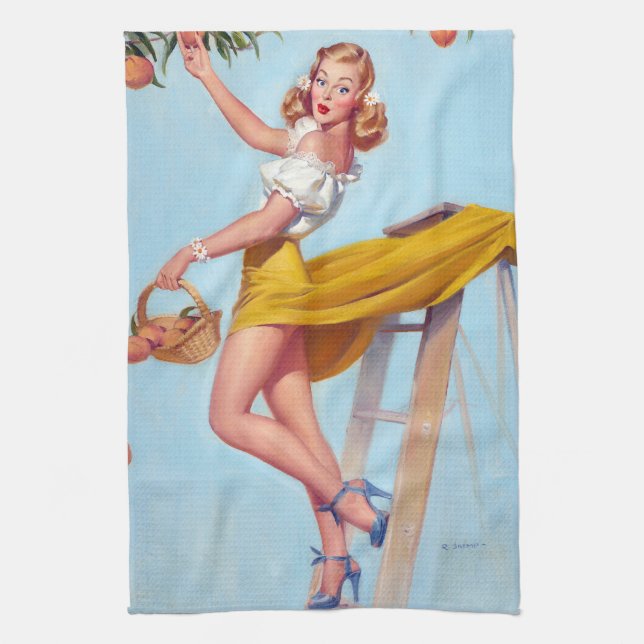 Peaches Pin Up Tea Towel (Vertical)