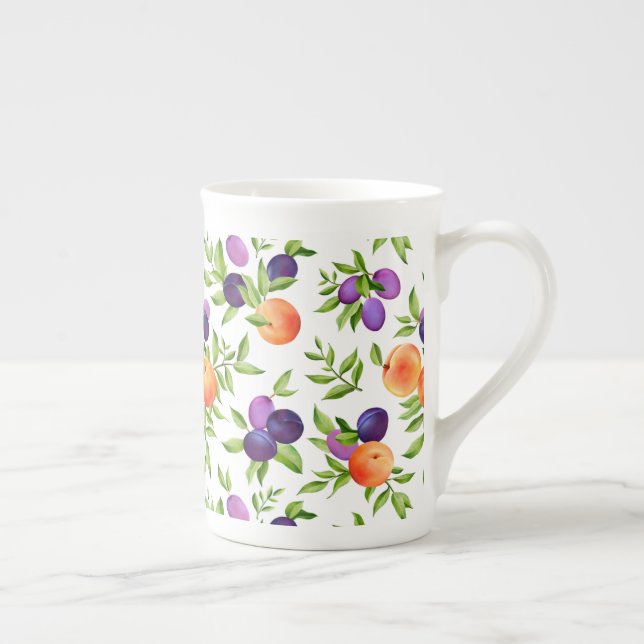 Peaches Plums Purple Cute Fruit Botanical Pattern Bone China Mug (Right)