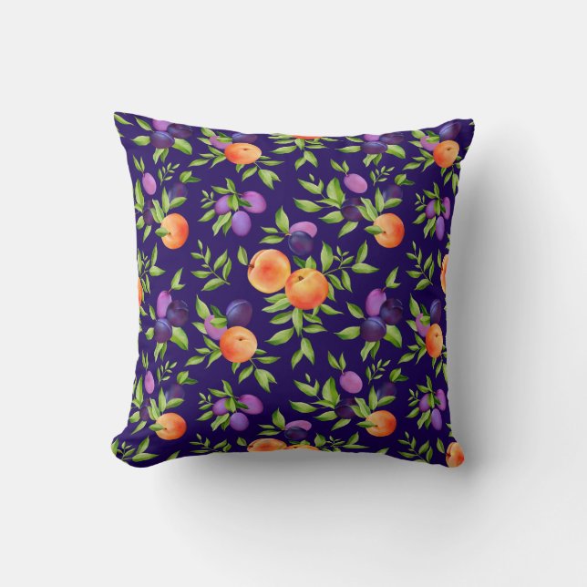 Peaches Plums Purple Cute Fruit Botanical Pattern Cushion (Front)