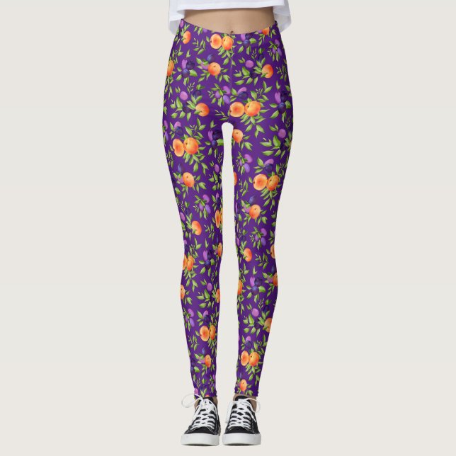 Peaches Plums Purple Cute Fruit Botanical Pattern Leggings (Front)