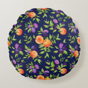 Peaches Plums Purple Cute Fruit Botanical Pattern Round Cushion