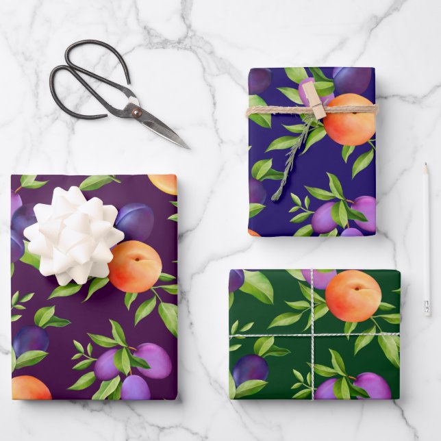 Peaches Plums Purple Cute Fruit Botanical Pattern Wrapping Paper Sheet (Front)