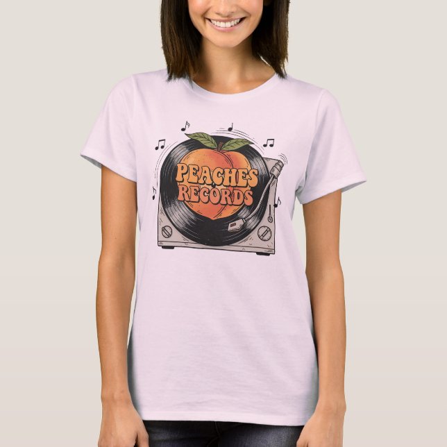 Peaches Records Retro Vinyl Music Illustration T-Shirt (Front)