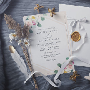 Peaches Rose Botanical Minimalist QR Code Wedding Invitation
