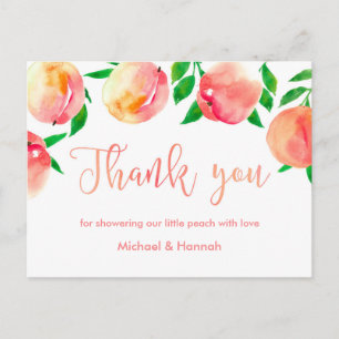 peaches thank you card, little peach baby shower postcard