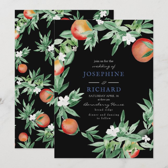 Peaches, watercolour design, midnight black invitation