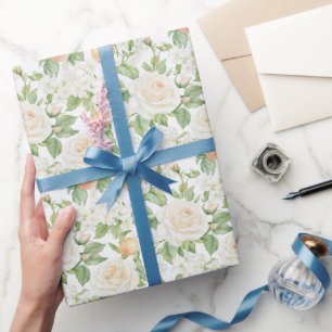 Peaches White Roses Bridal Shower Wrapping Paper