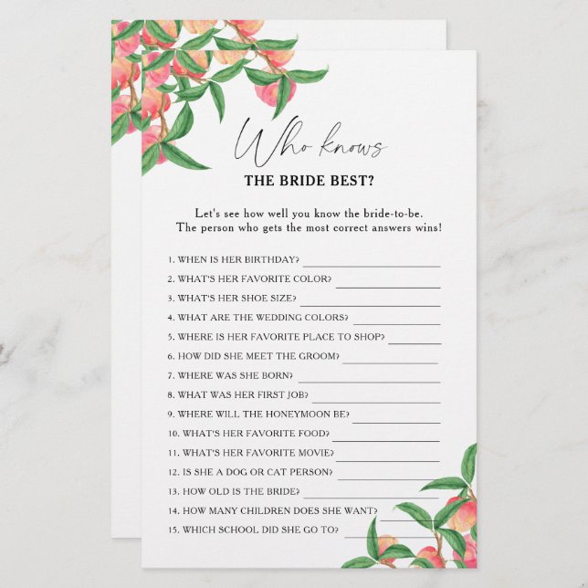 Peaches - Who knows the bride best game (Front/Back)