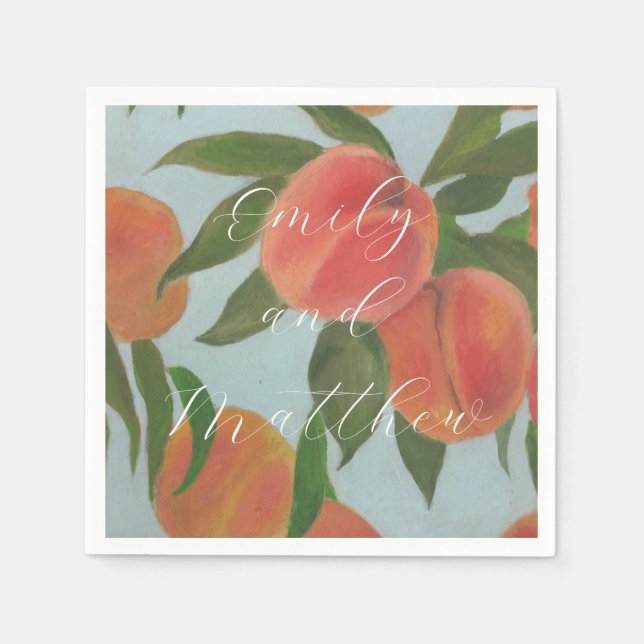 Peaches with Pale Blue Bride & Groom Napkins (Front)