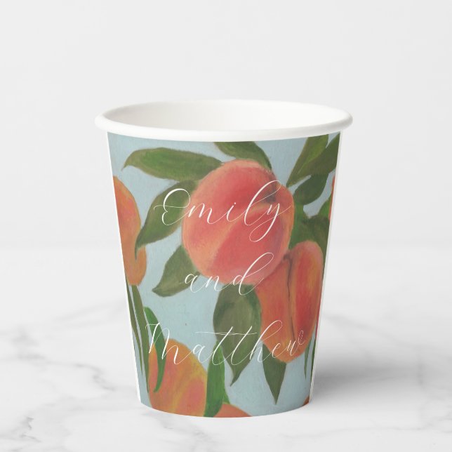 Peaches with Pale Blue Bride & Groom Paper Cups (Front)