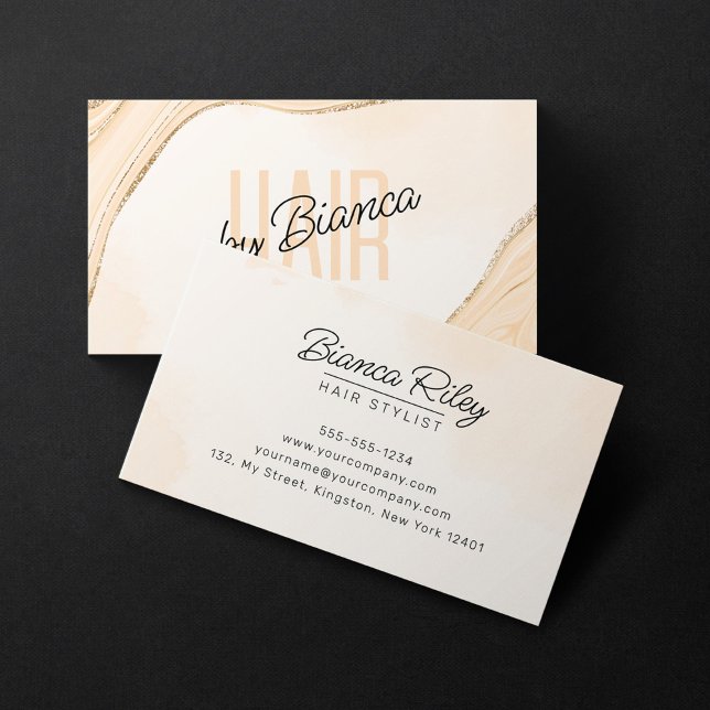 Peachy Beige Gold Glitter Agate Hair Stylist Salon Business Card (Creator Uploaded)