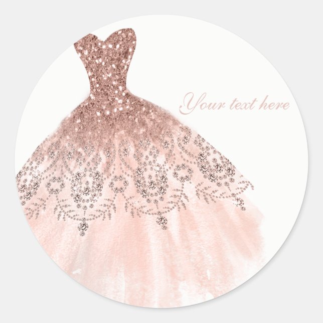 Peachy Blush Pink Glitter Glam Dress Bridal Shower Classic Round Sticker (Front)