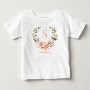 Peachy Coral Rose Wreath Personalised Baby Name T-Shirt