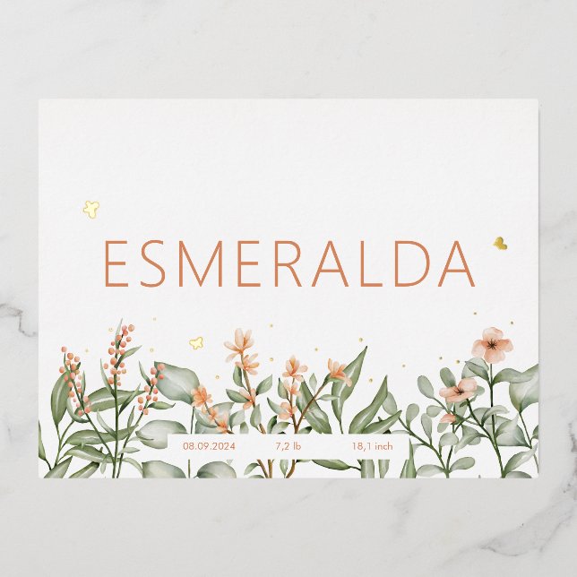 Peachy floral birth announcement Foil Postcard (Front)