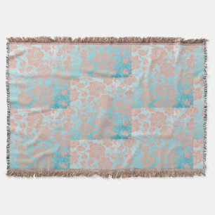 Peachy Floral Lace & Teal Throw Blanket
